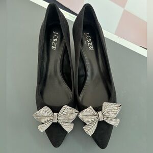 J. Crew Black Suede Pointed-Toe Esme Kitten Herls with Crystal Bow